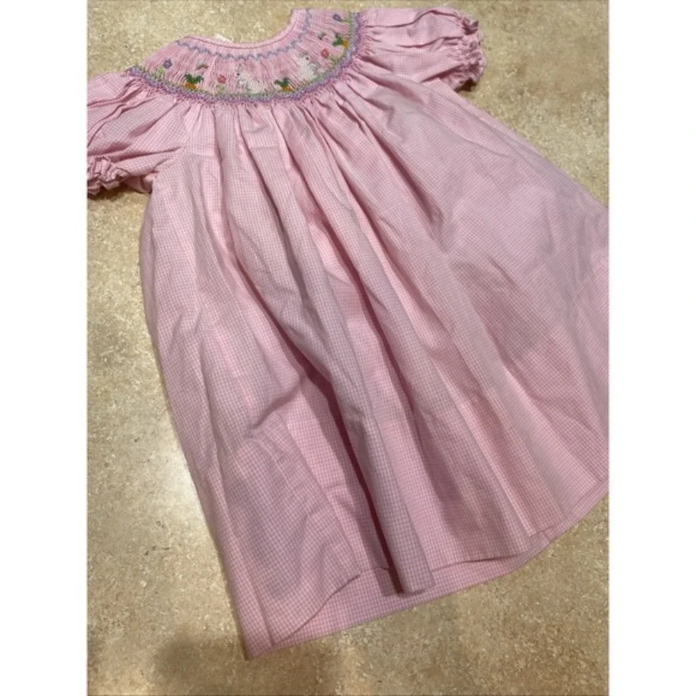 Rosalina Collection Pink Checked Bishop Smock Dress 12m Dress Bunnies/Easter 822